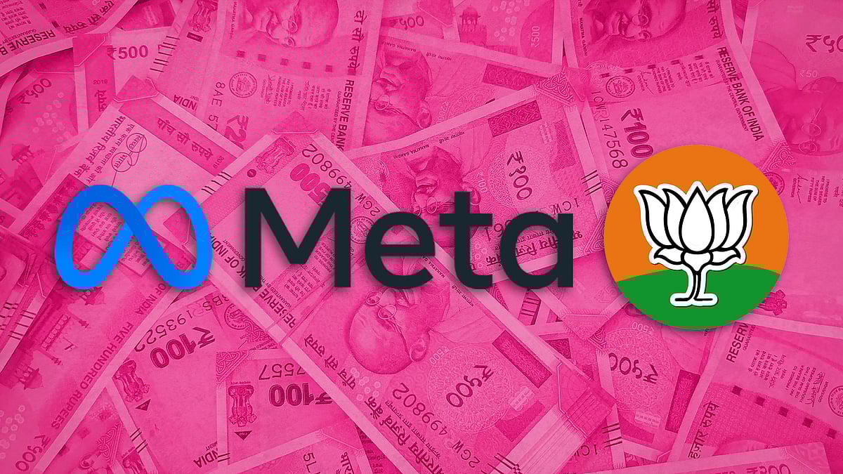 मेटा और भाजपा को लोगो. पृष्ठभूमि में ढेर सारा रुपया. 