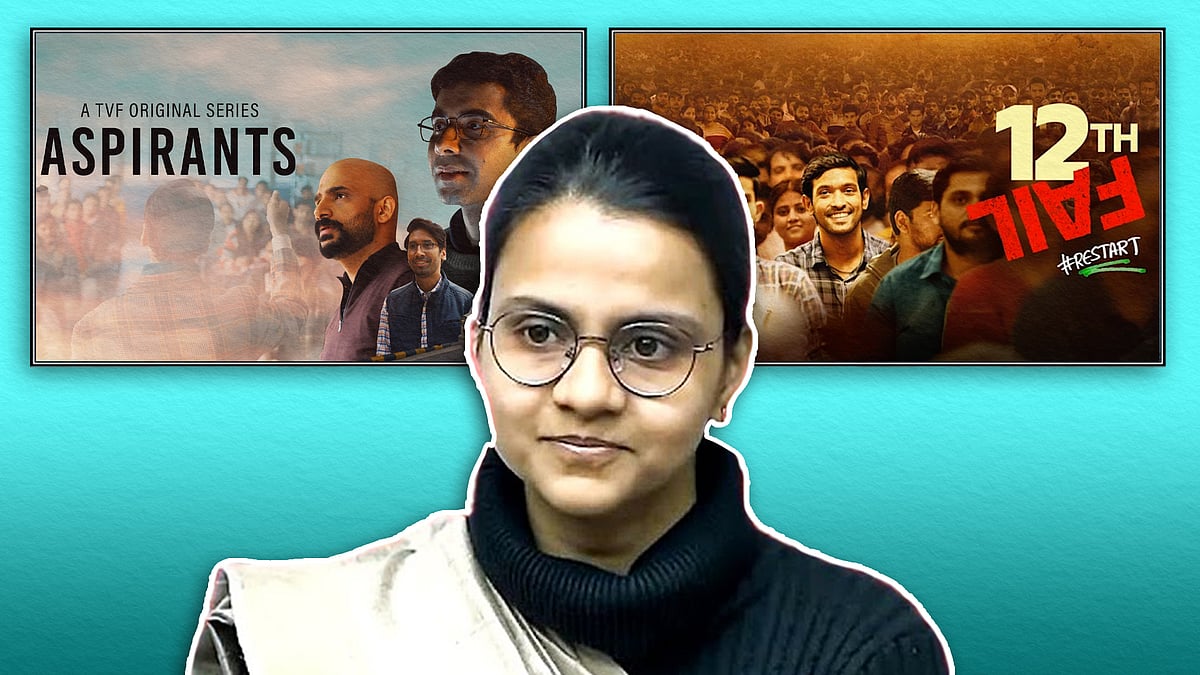 Nausheen, one of the UPSC toppers, and two screens with posters of 12th Fail and Aspirants. 