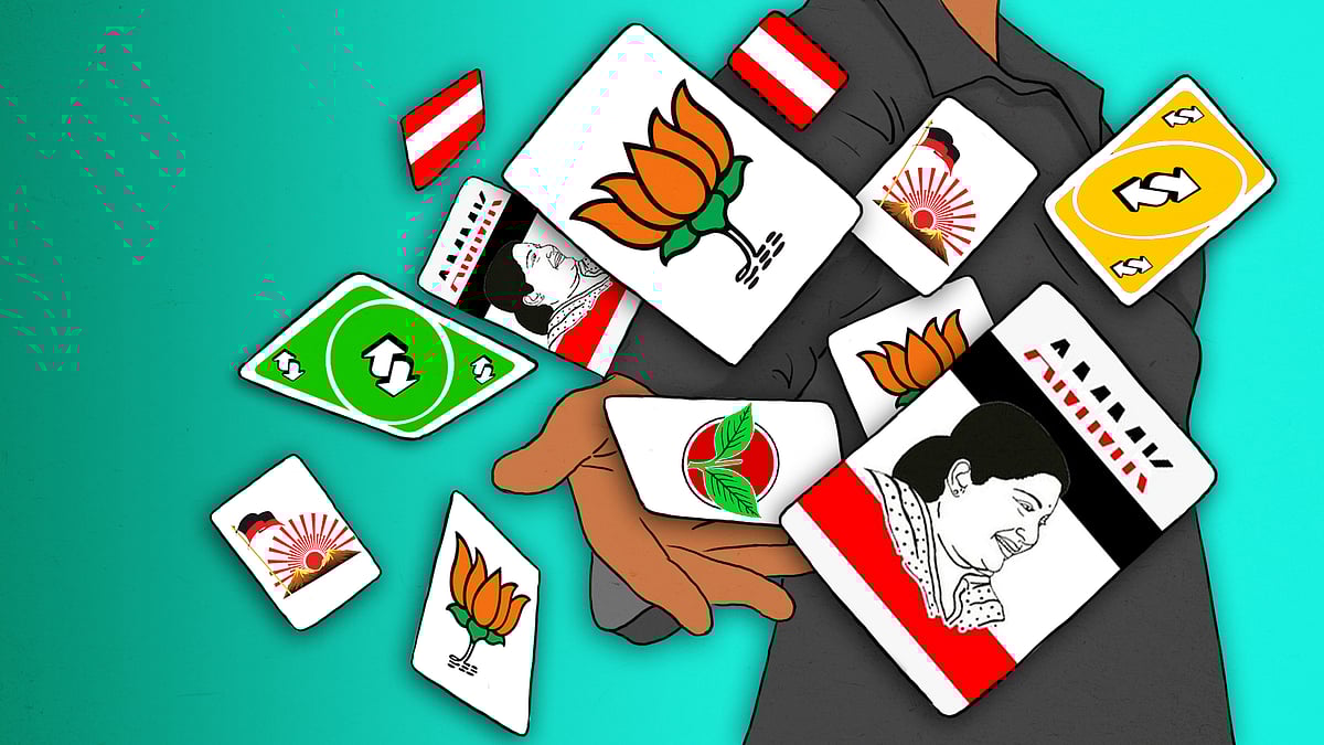Illustration of a woman unfolding a pack of cards with party logos and UNO reverse.  