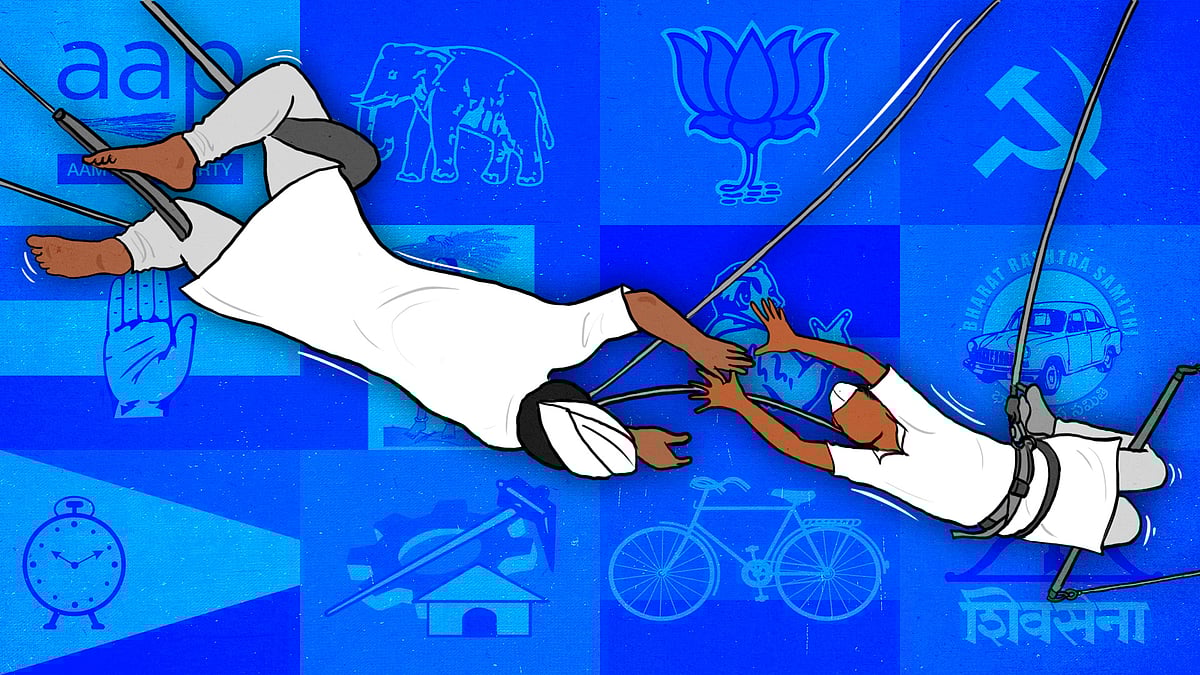 Two politicians doubling up as trapeze artists, with party logos in the background.