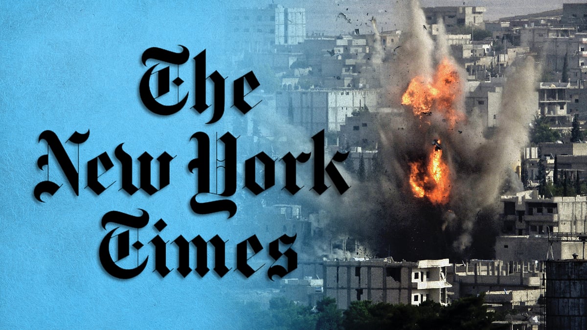 The logo of The New York Times and a picture of Gaza.
