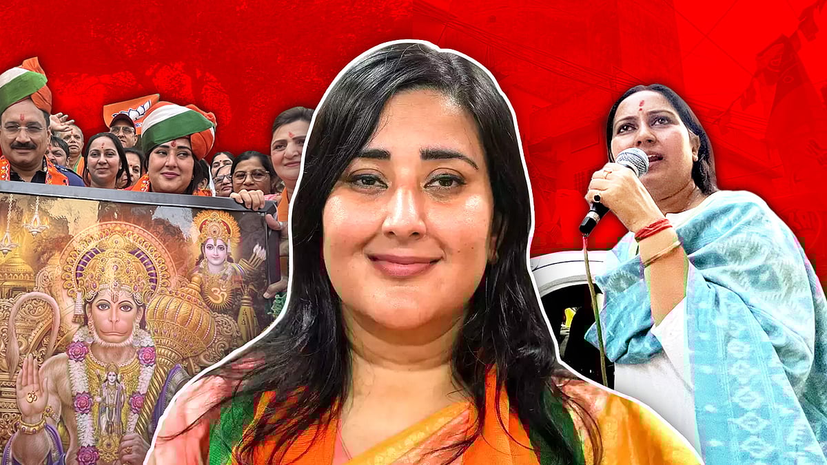 बांसुरी स्वराज का कटआउट जिसमें उनके रोड शो की तस्वीरें हैं.