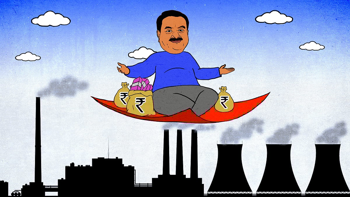 Illustration of Gautam Adani on a magic carpet, with power plants in the background.