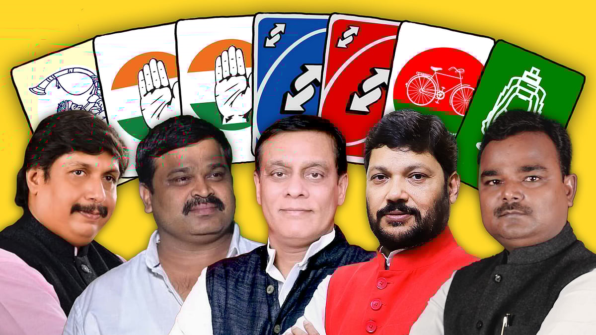Pictures of the turncoats and their party logos on playing cards.