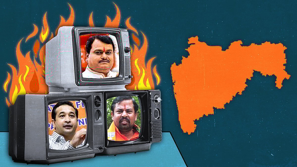 TV screens showing Suresh Chavhanke, Nitish Rane and T Raja Singh, with a map of Maharashtra.