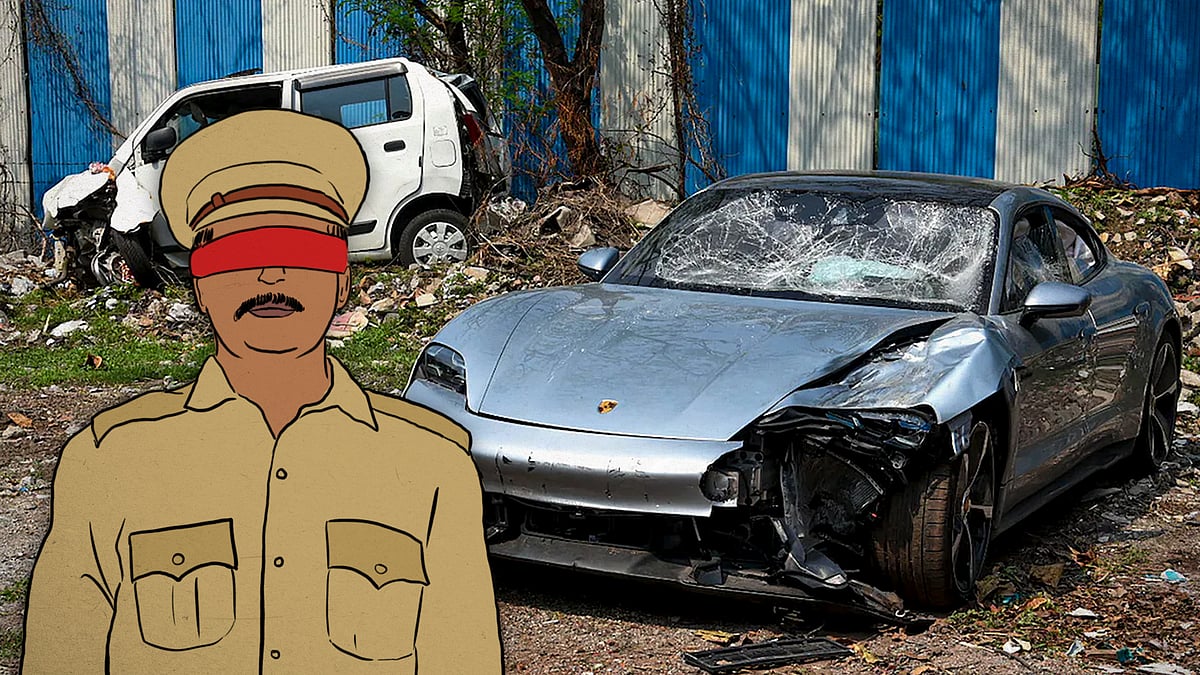 Image of the Porsche Taycan involved in the accident, with an illustration of a blindfolded policeman.