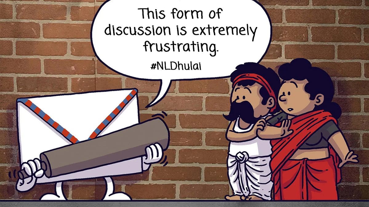 Letter holding a rolling pin, with the speech bubble 'This form of discussion is extremely frustrating'.