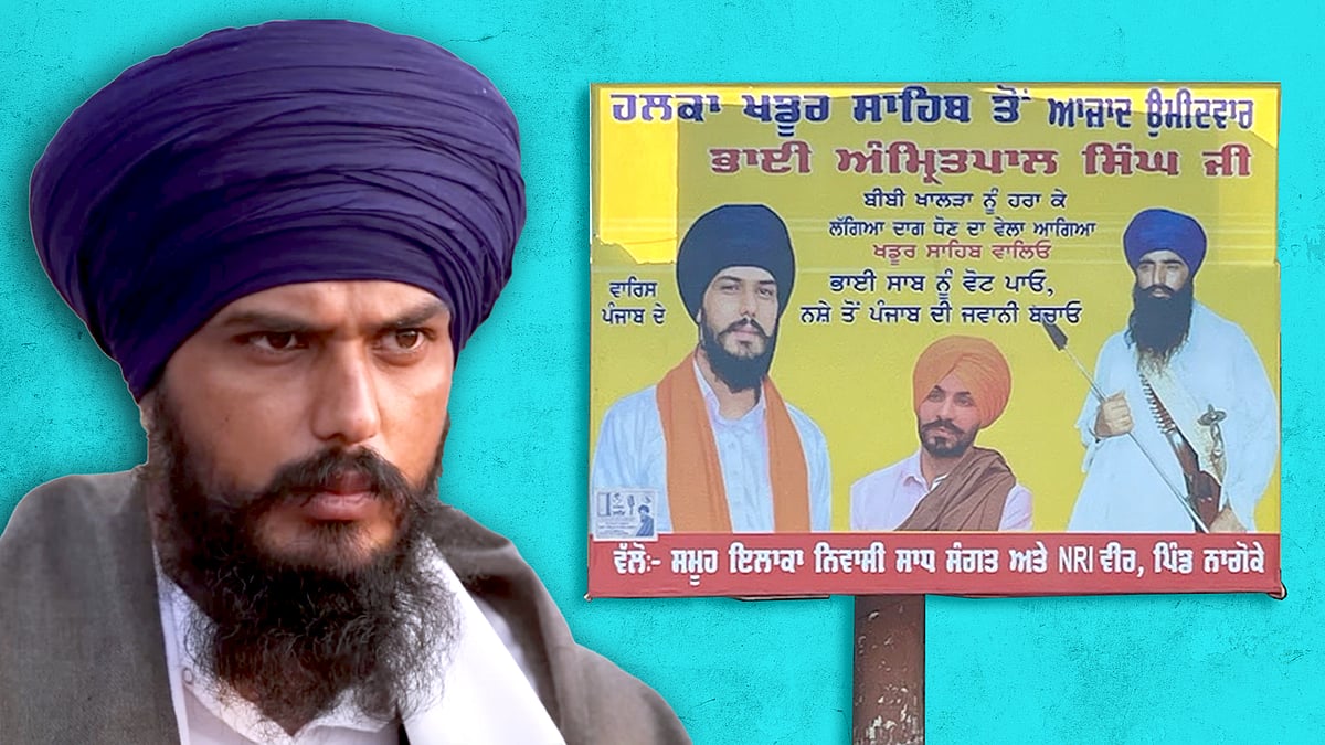Amritpal Singh with a picture of one of his campaign posters.