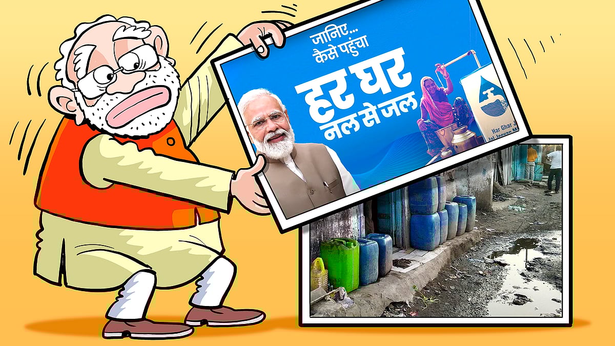 A cartoon of Modi putting a Har Ghar Jal poster over a photo.