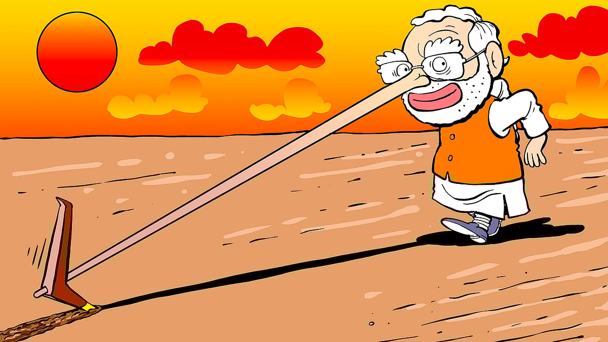 Cartoon of Modi with a long nose tilling a field.