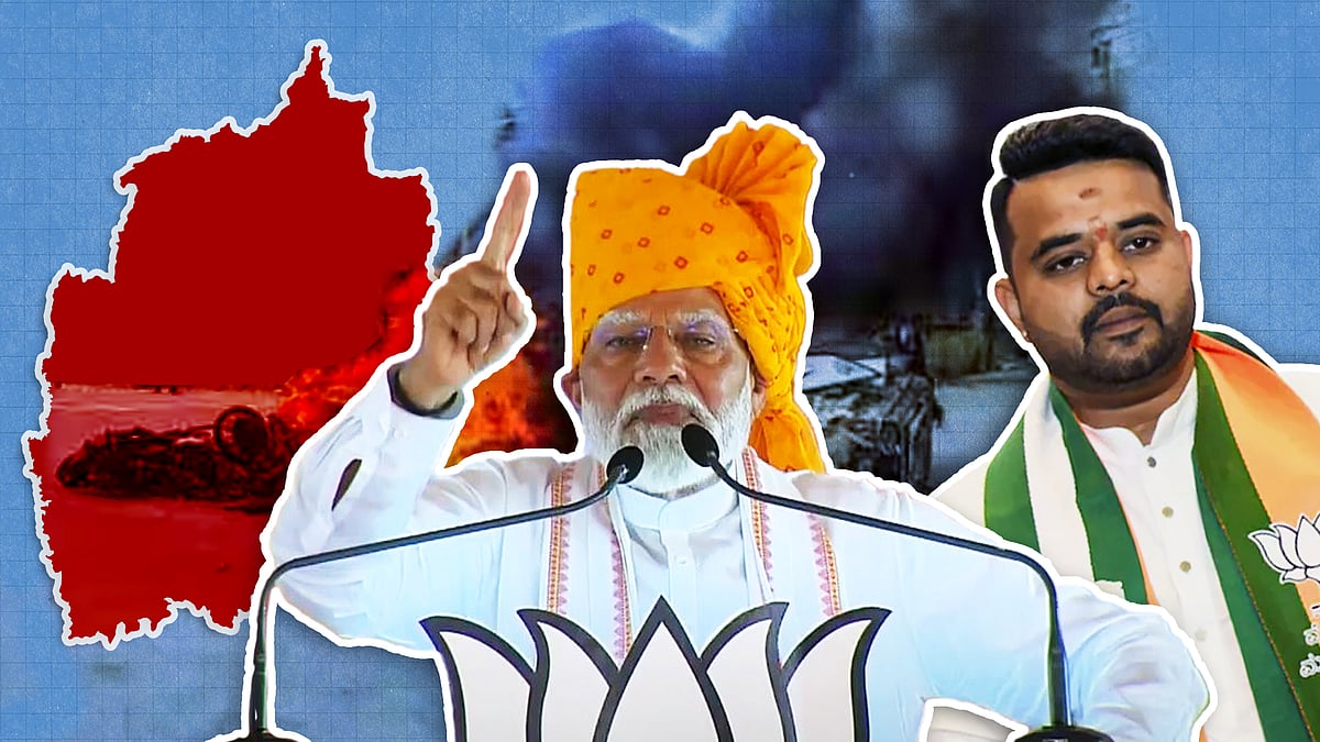 Map of Manipur with cutouts of Modi and Revanna. 