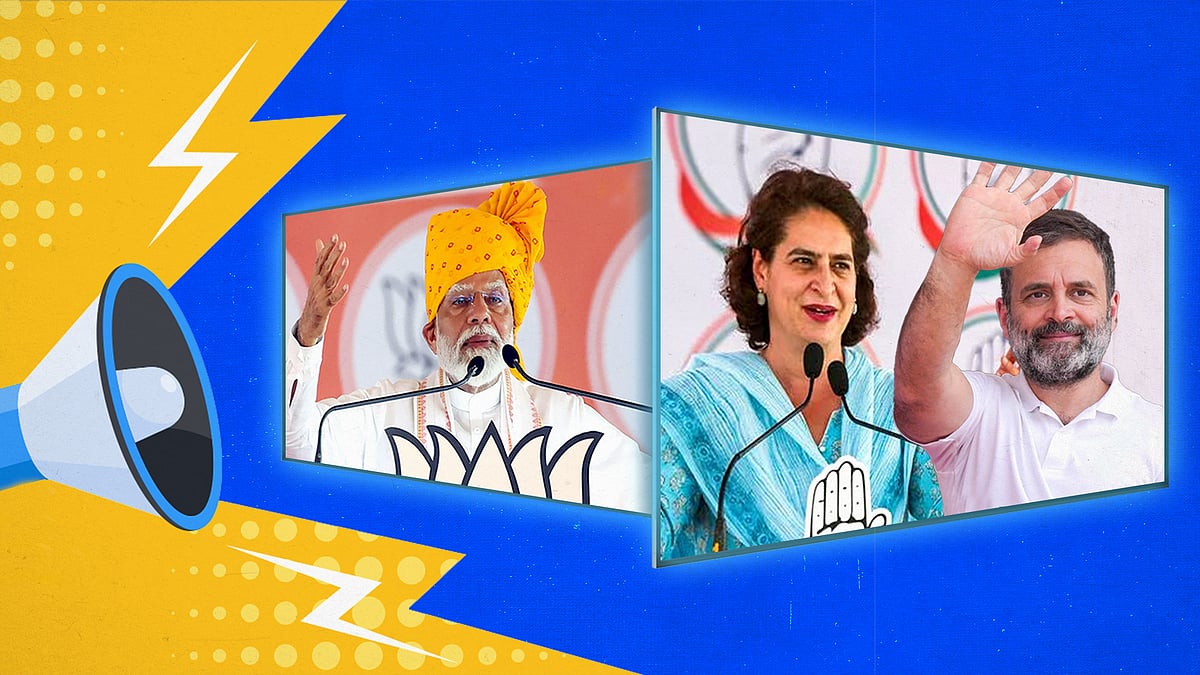 Pictures of Modi and the Gandhis at election rallies, alongside a loudspeaker.    