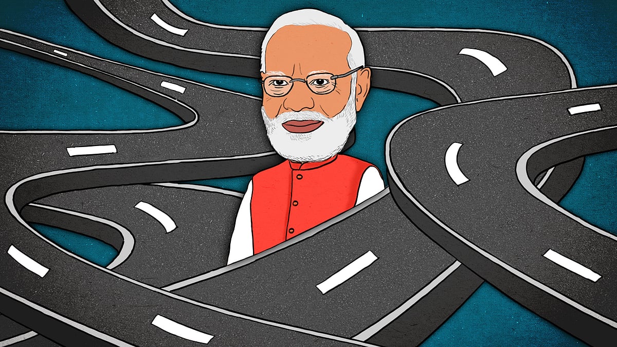 Illustration of Modi surrounded by a network of roads.