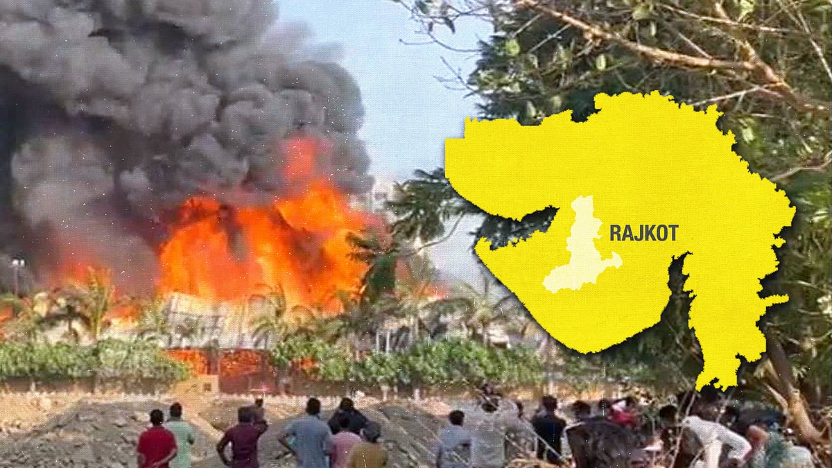 Image of the fire at the Rajkot gaming zone, with a map of Gujarat.