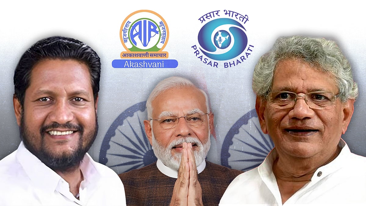 Pictures of Sitaram Yechury, G Devarajan and Narendra Modi.
