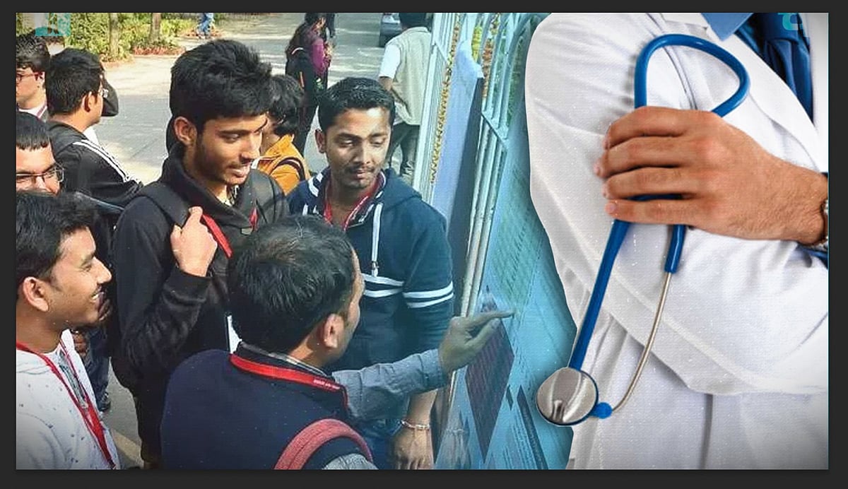 Students outside an examination centre alongside a doctor's stethoscope. 