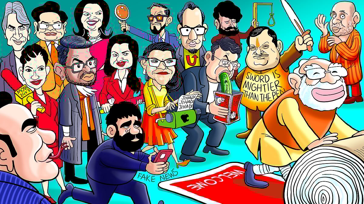 मोदी 3.0 शपथ ग्रहण समारोह में शामिल एंकर और कुछ दक्षिणपंथी इन्फ्लुएंसर्स का चित्रण.