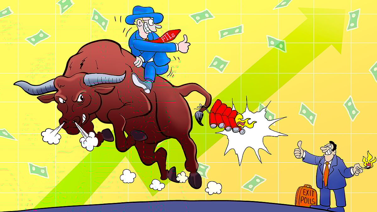 विदेशी संस्थागत निवेशक को एक बैल की सवारी करते हुए दिखाया गया है, जिसकी पूंछ में एक जलता हुआ विस्फोटक बंधा है.