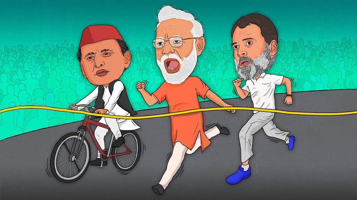 Akhilesh Yadav on a cycle, and Narendra Modi and Rahul Gandhi sprinting towards the finish line in a race.   