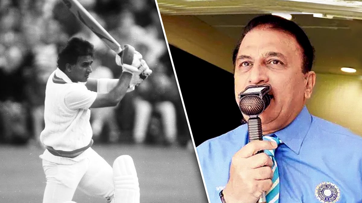 Sunil Gavaskar on the pitch and with the commentary mic.