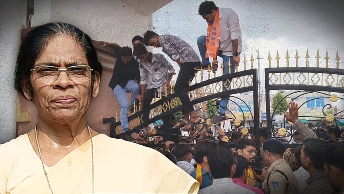 Sister Catherine with ABVP activists climbing the school gate in the background.