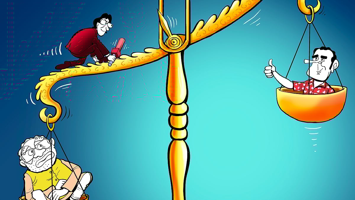 Narendra Modi and Rahul Gandhi on a weighing scale, with a news anchor crawling from Modi's side to the middle.