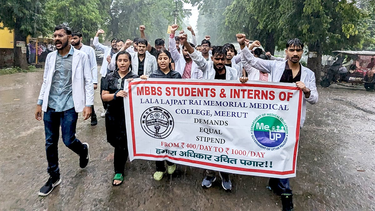 MBBS interns protesting at a college in Meerut, UP.  