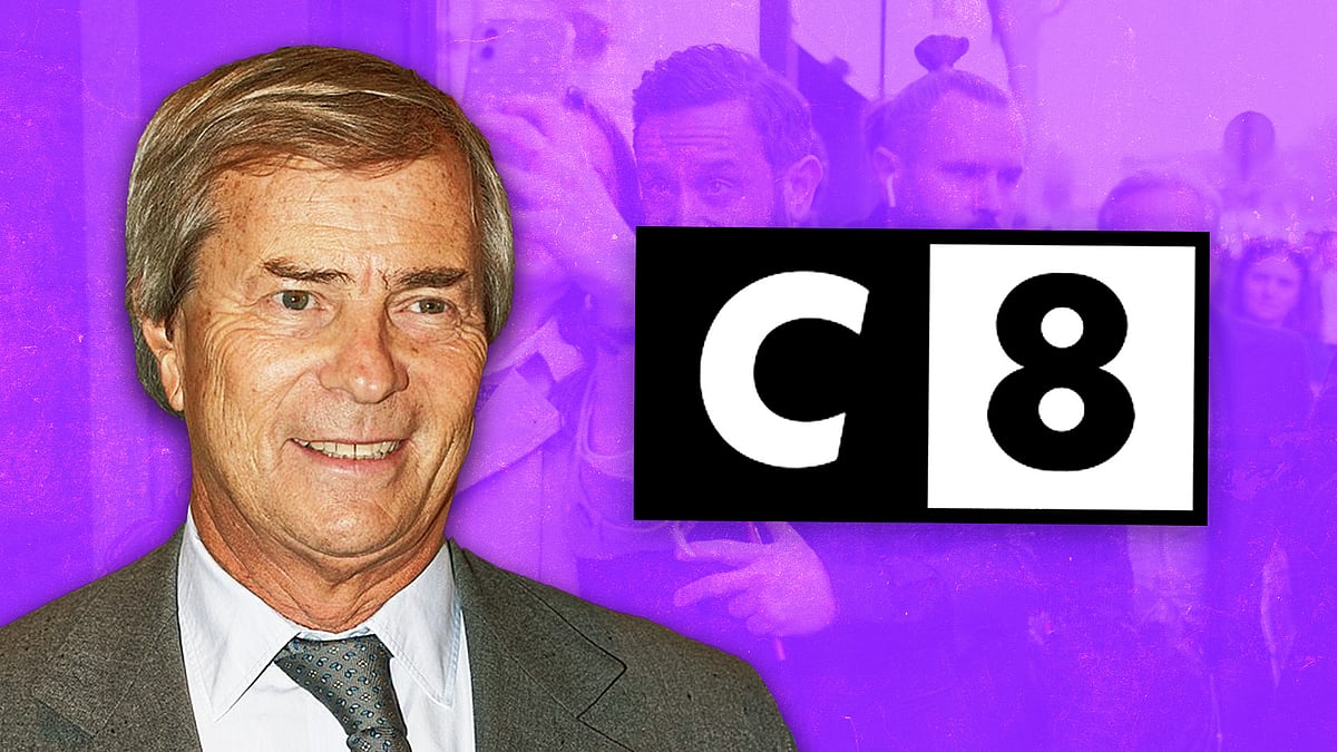 Vincent Bolloré and the logo of C8.