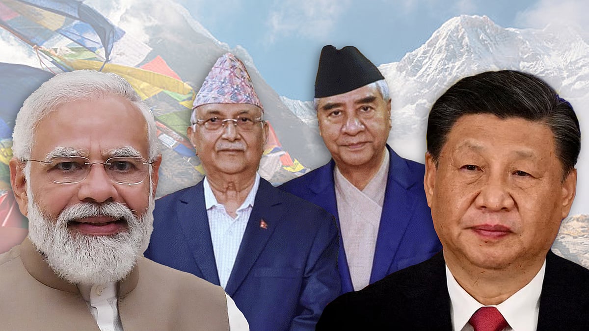 Oli and Deuba (centre) lead the new coalition in Nepal.