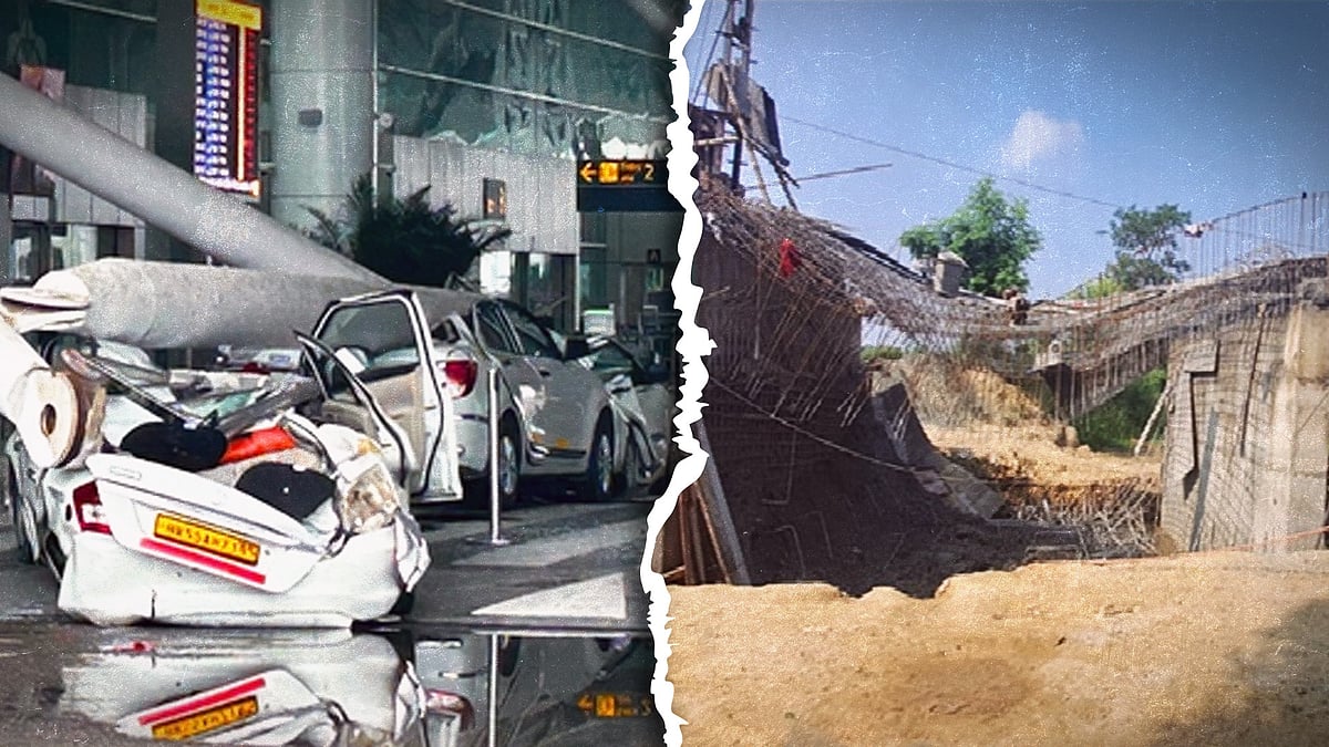 Visuals from the mishap at the Delhi airport and a Bihar bridge collapse.