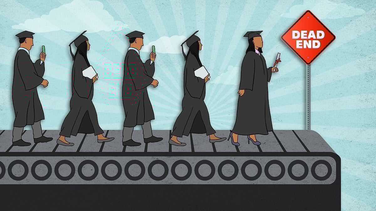 Candidates wearing convocation hats on a conveyor belt headed towards a deadend. 