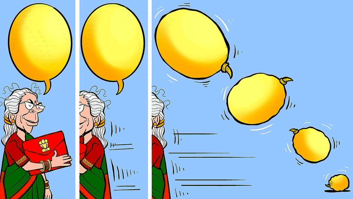 An illustration of finance minister Nirmala Sitharaman with the budget document and an empty speech bubble.