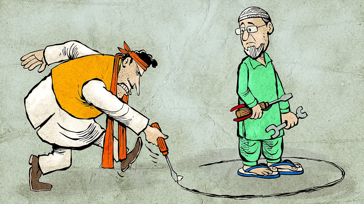 A man in a saffron waistcoat circling another man in a skull cap and green tunic.  