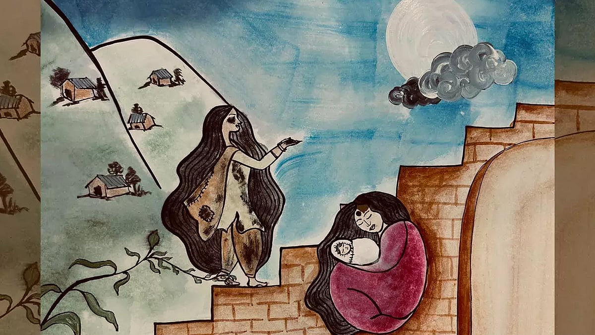 A wall mural showing two women – one in tattered clothes and another cradling a newborn child with a bruise on her head.