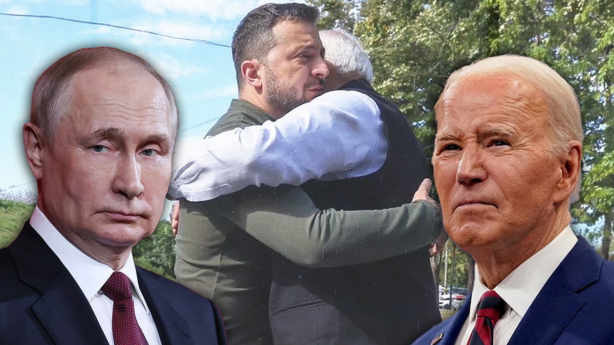 Pictures of Vladimir Putin and Joe Biden, with PM Modi and Vladimir Zelensky hugging in the background. 