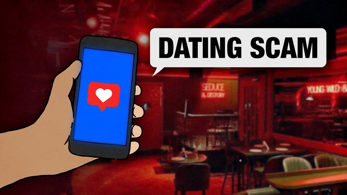 A mobile screen saying "dating scam".