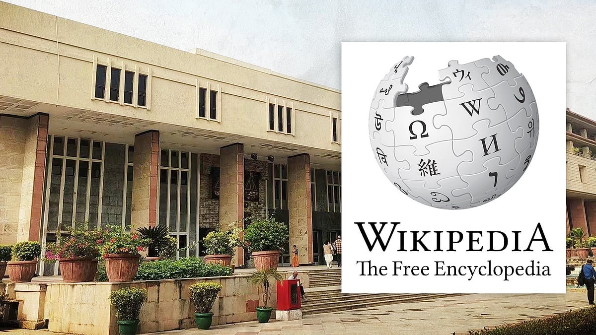 A picture of Delhi High Court and the Wikipedia logo.