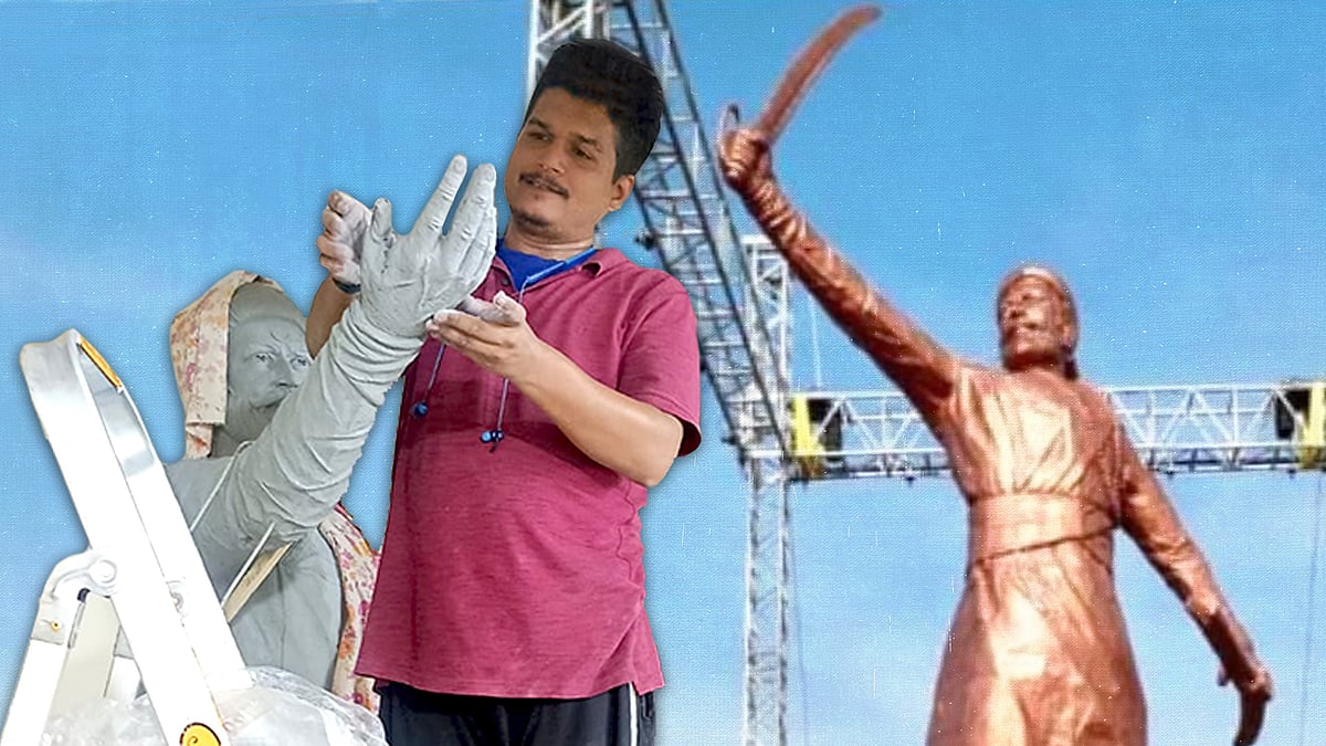 Sculptor Jaydeep Apte with an image of the statue in the background.