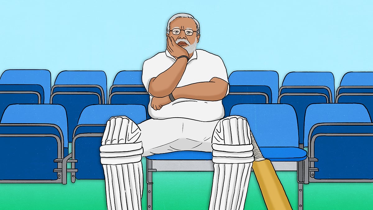Modi dressed in cricket whites sitting, hand on his cheek, with a cricket bat.