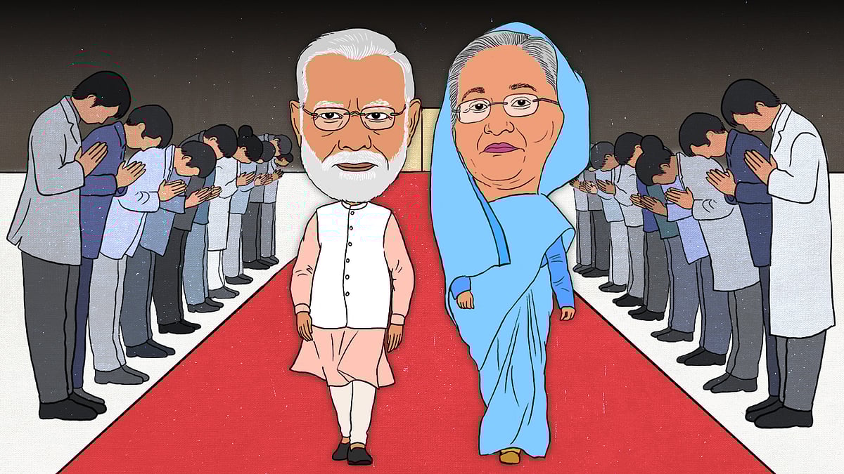 An illustration of Prime Minister Narendra Modi alongside former Bangladesh PM Sheikh Hasina.  