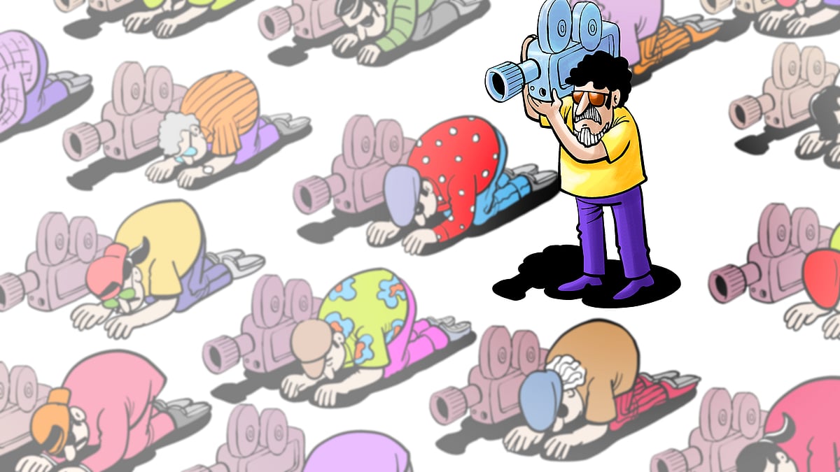 Illustration of a man with a video camera standing tall amongst multiple other people prostrating.