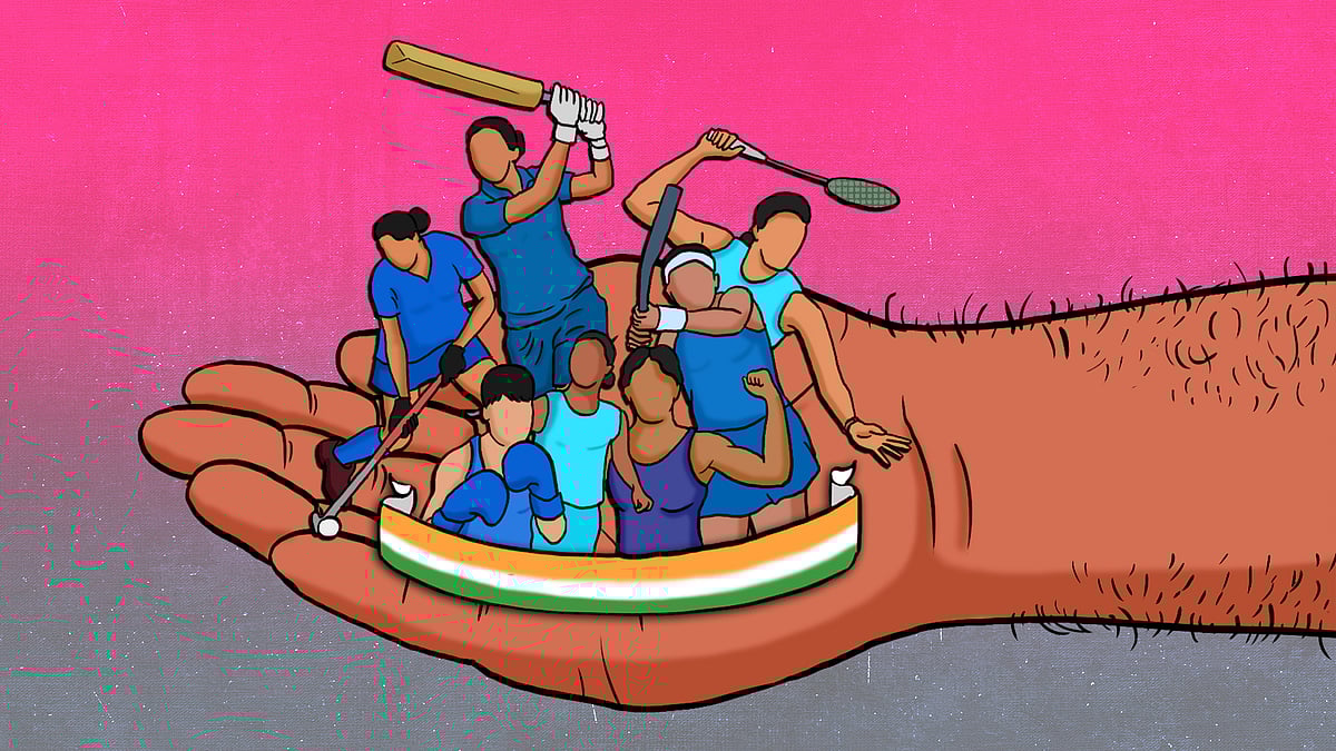 महिला खिलाड़ियों का विभिन्न खेलों में भाग लेते हुए का चित्रण.  