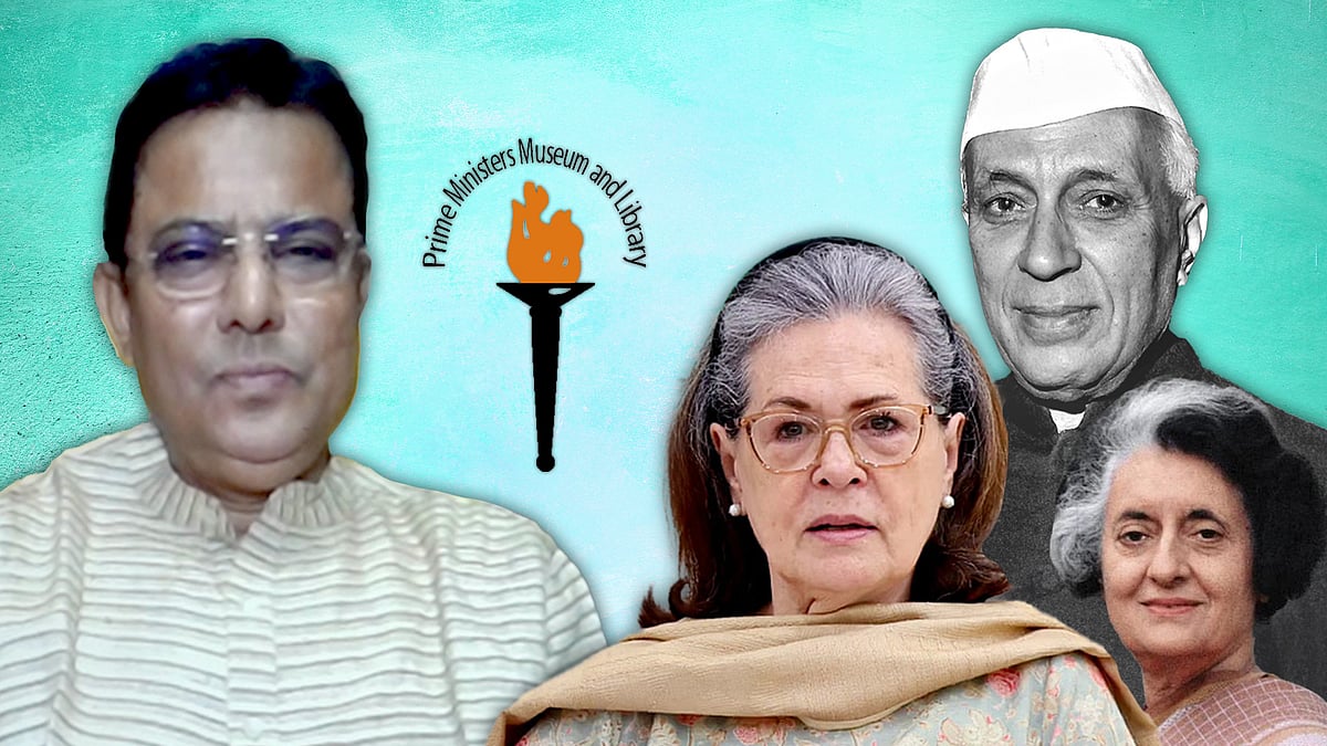 Rizwan Kadri with pictures of Sonia Gandhi, Jawaharlal Nehru and Indira Gandhi.