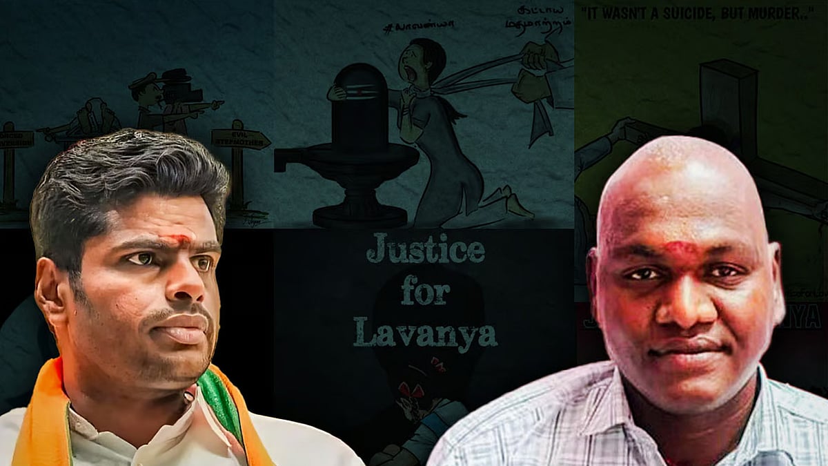 TN BJP president K Annamalai (left) and Muthuvel, VHP Ariyalur district secretary.