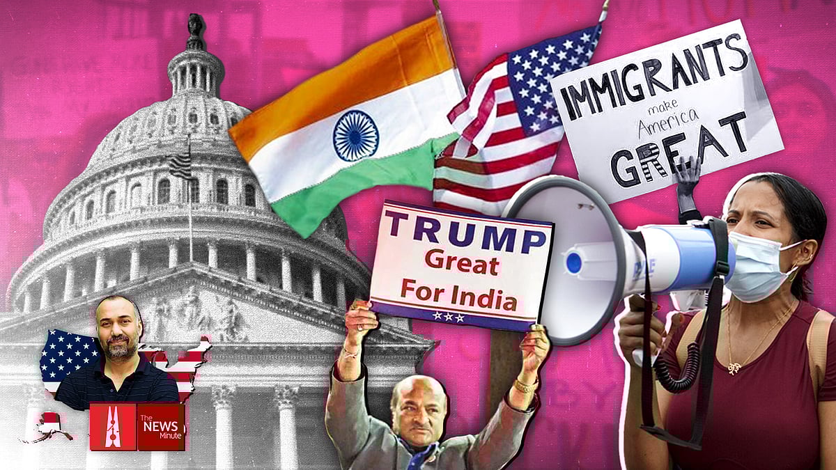 Illustration of the White House with Indian and American flags, and protesters. 