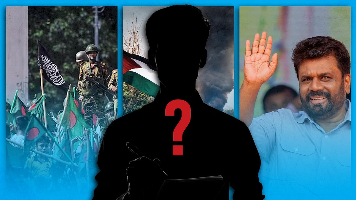 A silhouette of a journalist against pictures from Bangladesh, Gaza and Sri Lanka. 