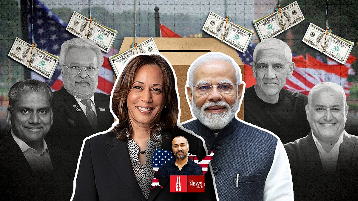 Illustration of Kamala Harris and Modi, with pictures of prominent Indian American donors. 
