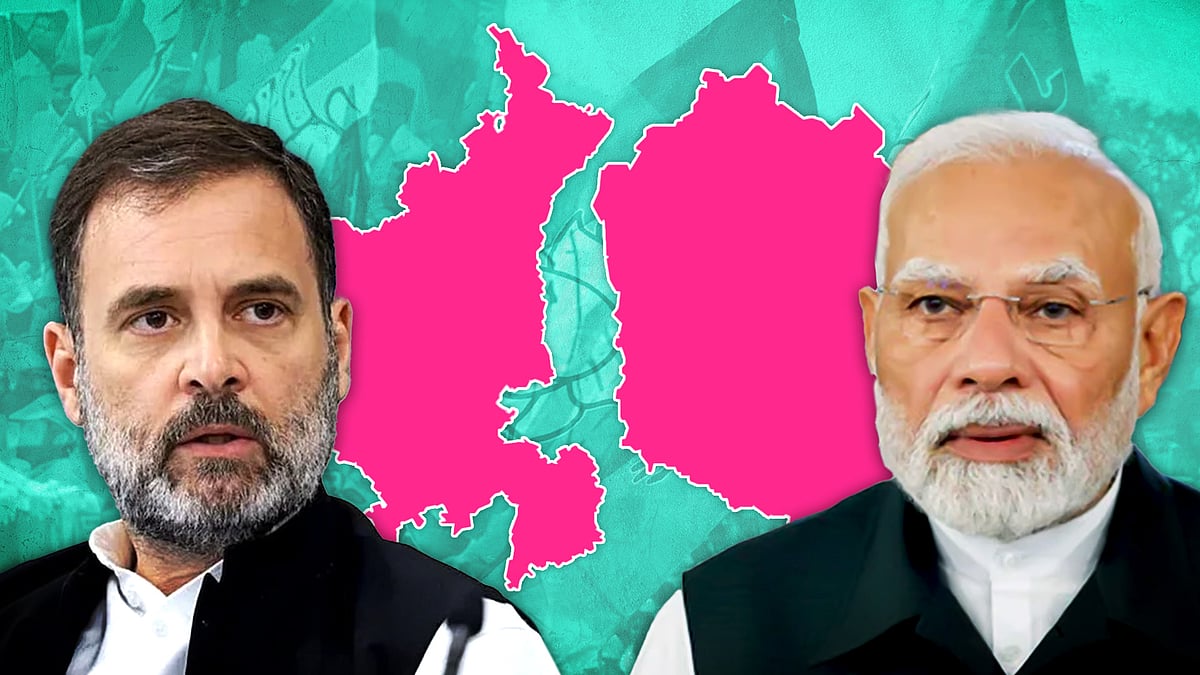 Rahul Gandhi and Narendra Modi with maps of Haryana and J&K.