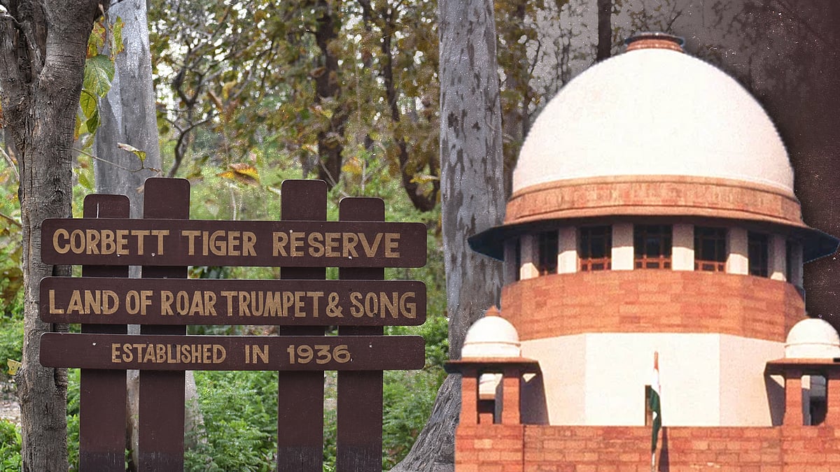 A picture of the Supreme Court with Corbett Tiger Reserve in the background.
