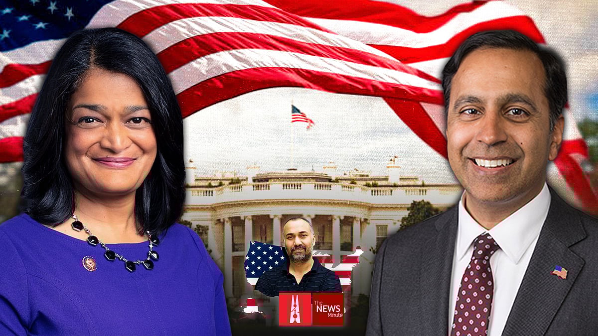 Pramila Jayapal and Raja Krishnamoorthi with the American flag.